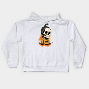 an illustration of a skull in a hat Kids Hoodie